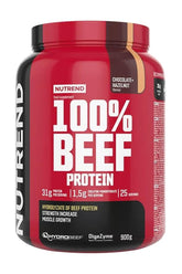 Nutrend 100% Beef Protein powder in chocolate-hazelnut flavor, 900g tub for muscle growth and strength.